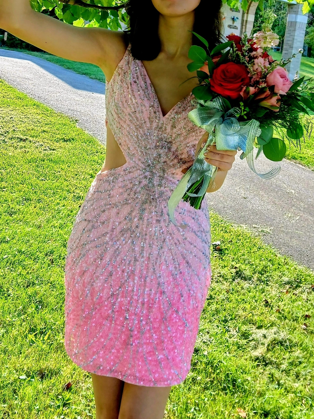Sparkle Pink Ombre Beaded V-Neck Cocktail, Homecoming Or Prom Dress Size 2